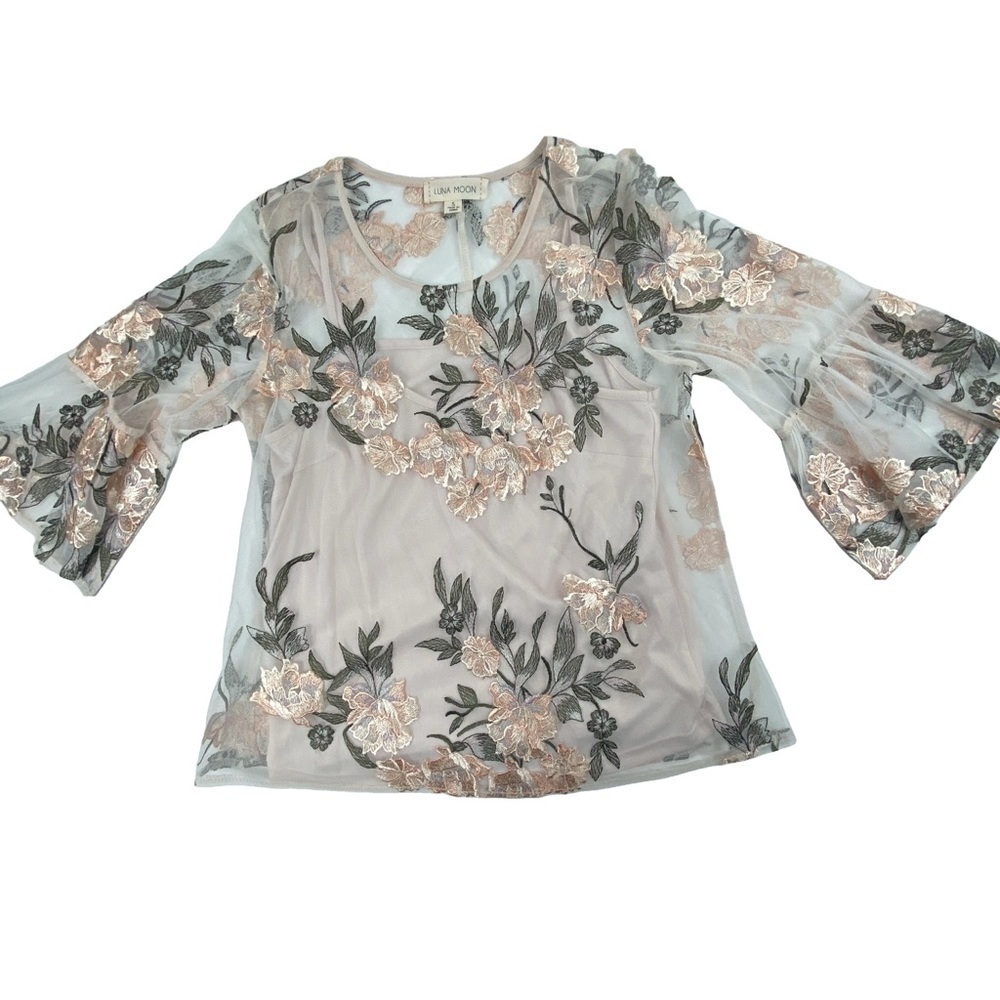 Anthropologie Luna Moon Floral Embroidered Sheer Top Cream Pink Beige Small